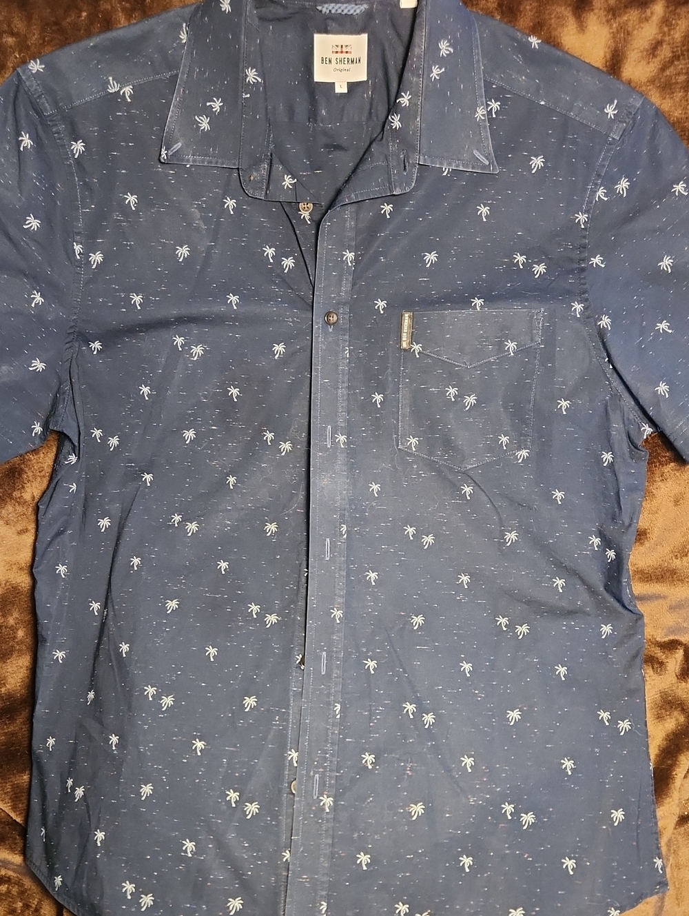 Mens Navy Palm Print Short Sleeve Button-Up Shirt By Ben Sherman Size Large